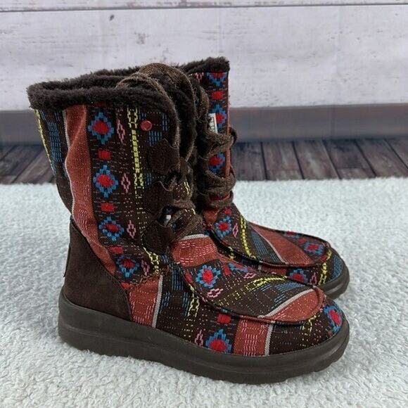 UGG Boots Womens 6 Red Brown Nordic Fair Isle Blanket Woven Fabric Faux Fur Lacy - Picture 8 of 13